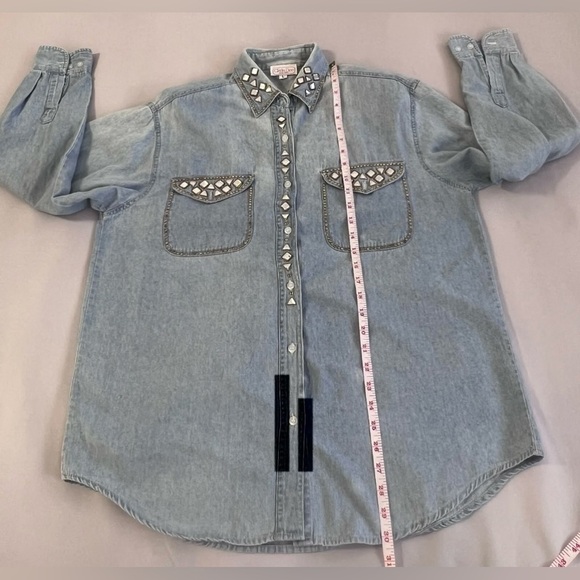 VTG 80s Clodia Dee Studded Denim‎ Top Sz Large Long Sleeve Shoulder Pads Women - Picture 4 of 8